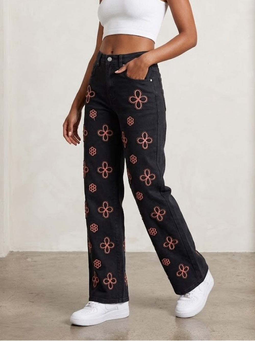 Blogger favorite Black Embroidered Straight Leg High Waist Statement Jeans - Picture 6 of 6